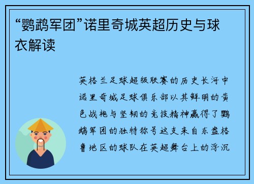 “鹦鹉军团”诺里奇城英超历史与球衣解读